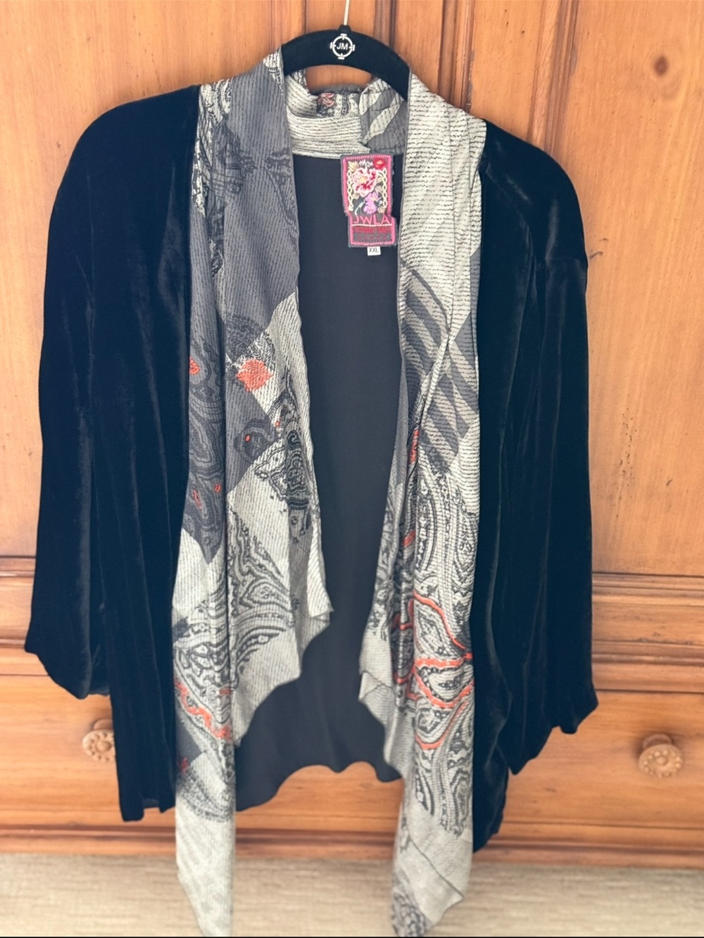 Johnny Was Black Velvet Open-Front with Patterned Shawl Collar